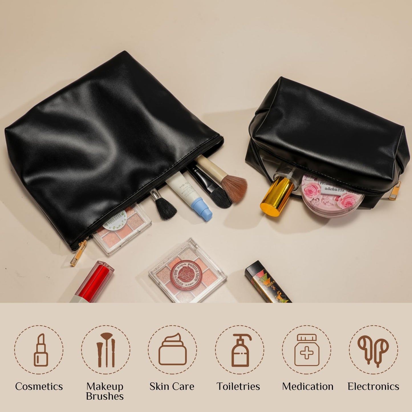 Kigeli 2 Pcs PU Leather Makeup Bag Set for Women Waterproof Aesthetic Cosmetic Bag Large & Small Travel Toiletry Organizer Pouch Skincare Organizer Bridesmaid Mother's Day Birthday Gift(Black)