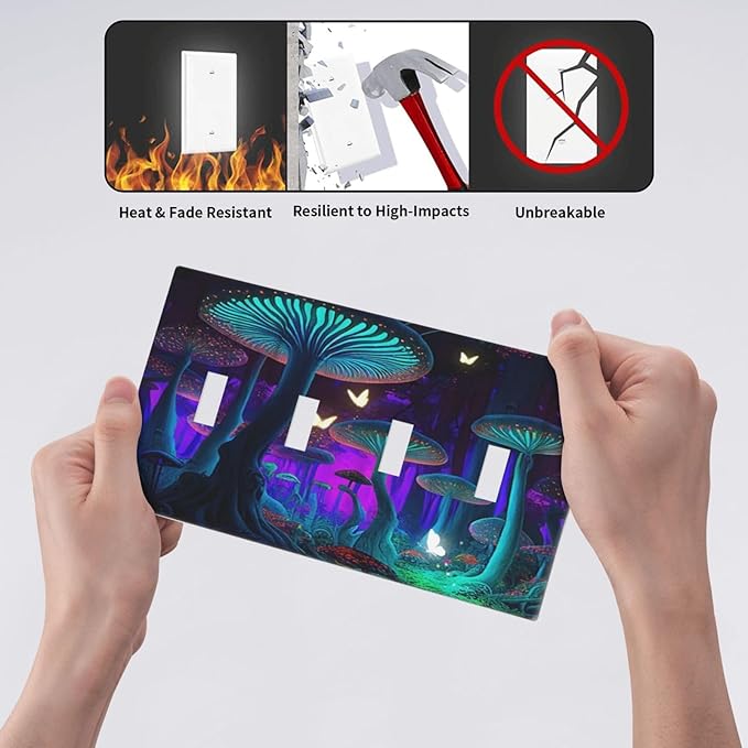 Fantasy Mushroom Forest Glowing Butterfly Quad Gang Toggle Light Switch Cover 4-Gang Wall Plates Decorative Electrical Switchplate for Home Bedroom Art Decorate