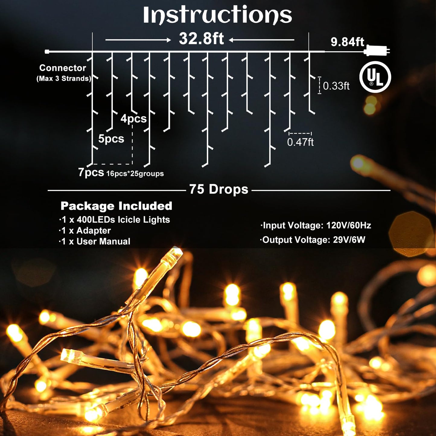 Nielfoi Icicle lights Outdoor - 33ft Christmas Lights with 400LED 75 Drops 8 Modes, Plug in Curtain String Lights Waterproof for Holiday Wedding Party Home Garden Bedroom Indoor Decoration, Warm White