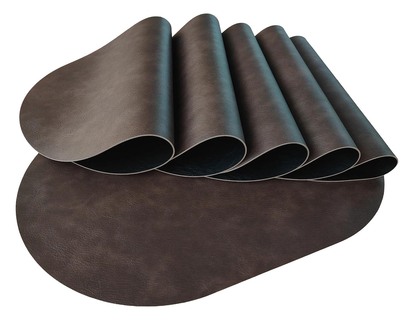 Oval Leather Placemats Set of 6 Washable,Heat Resistant Table Mats for Dining Table, Durable and Easy to Clean for Daily Use (Black Brown)