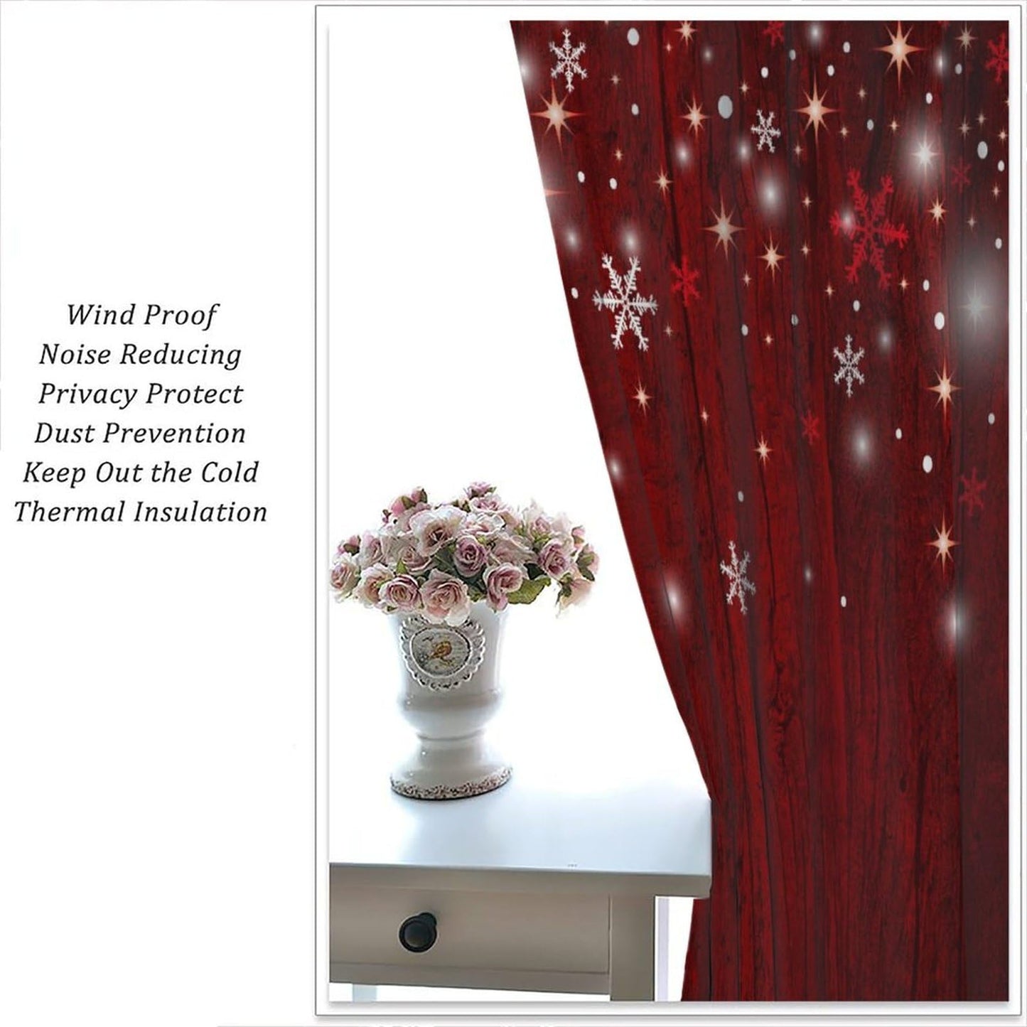 ICMOLYYENLO Christmas Curtains Red Background Snowflakes Merry Christmas and Happy New Year Art Print Curtains Suitable for Bedroom Living Room Insulation Decoration 42x45 Inches