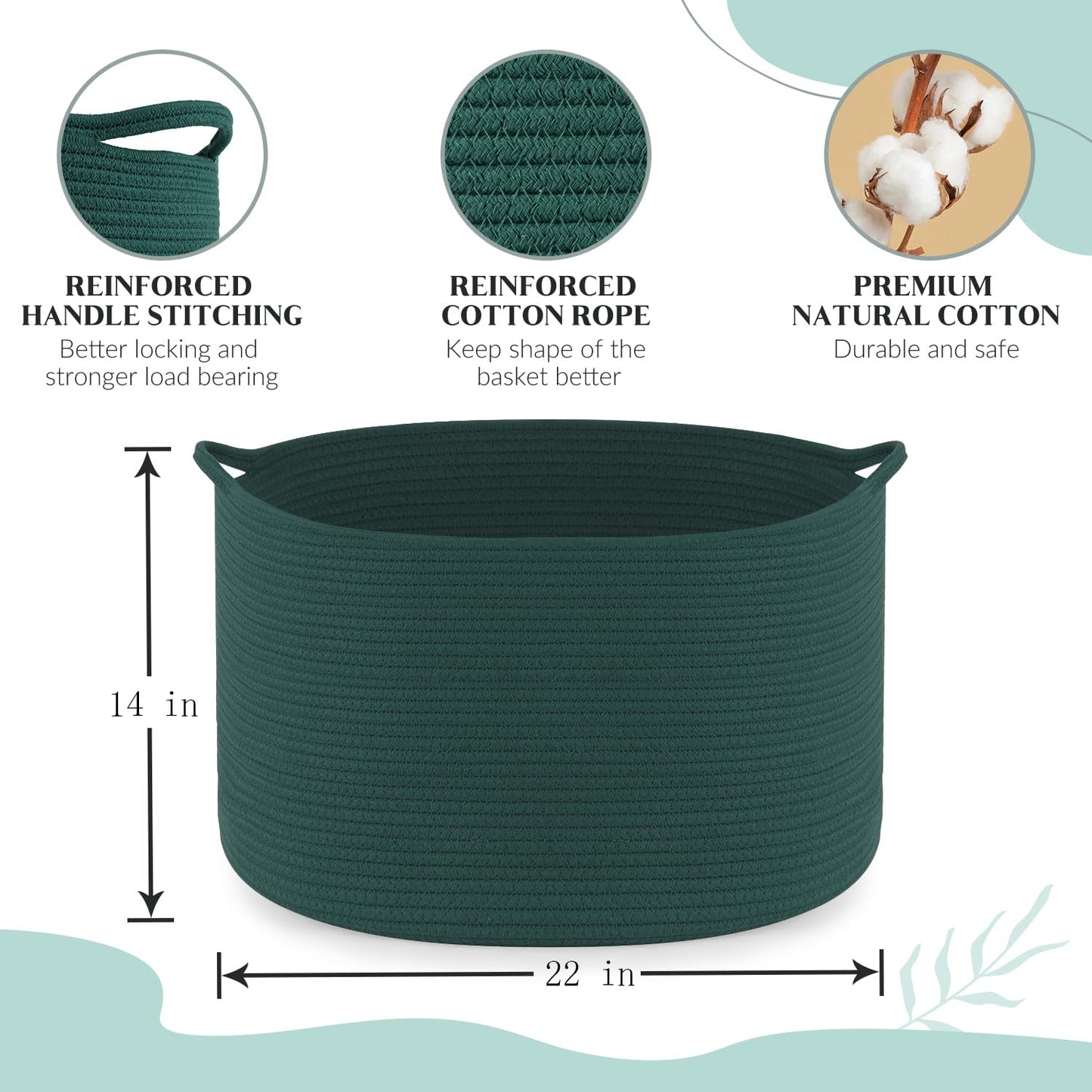 Maliton Woven Rope Basket for Blankets, Extra Large Storage, Green Laundry Hamper, Baby and Pet Toy Storage, Big Towel Basket, 22" x 22" x 14" Blanket Holder, Cotton Rope Bin