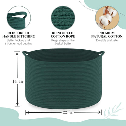 Maliton Woven Rope Basket for Blankets, Extra Large Storage, Green Laundry Hamper, Baby and Pet Toy Storage, Big Towel Basket, 22" x 22" x 14" Blanket Holder, Cotton Rope Bin