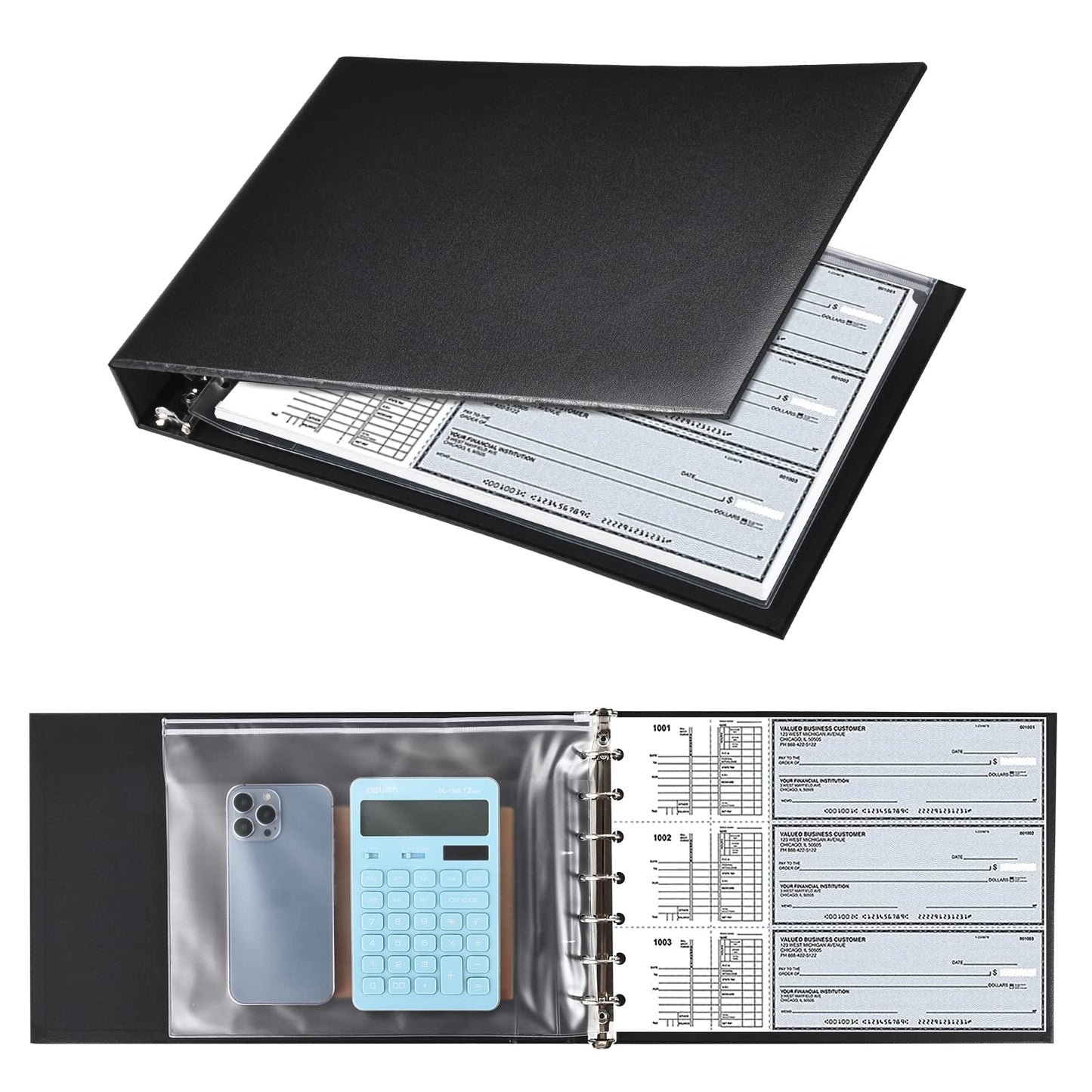 7 Ring Check Binder, 3-On-A-Page Business Checkbook Holder, 500 Checks Capacity, with 2024-2030 Calendar Organizer, Sleek Business Design (Black)