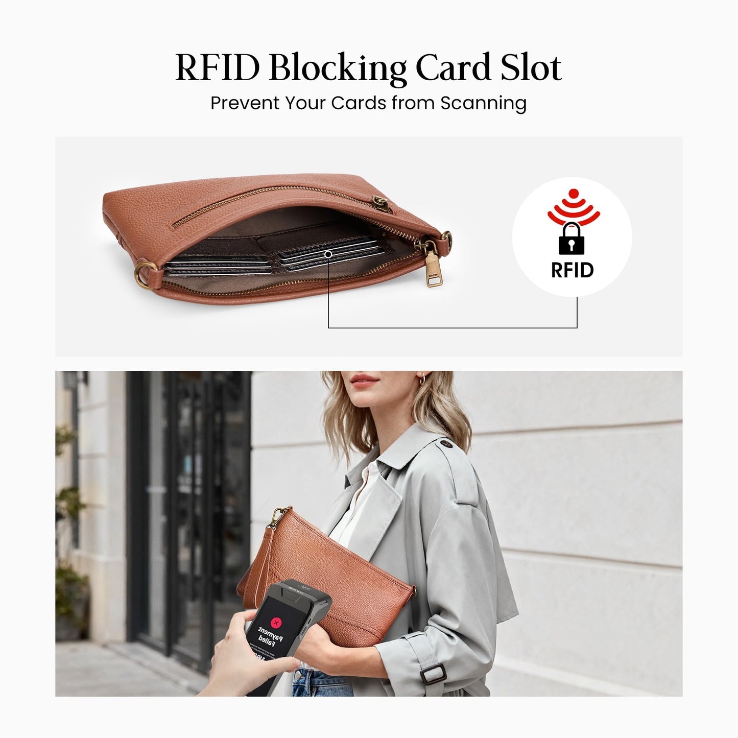 befen Genuine Leather Clutch Purse for Women RFID Blocking Wristlet Purses Brown Crossbody Bag Small Real Leather Crossbody Wallet for Travel Soft Designer Handbag with Shoulder and Wrist Strap