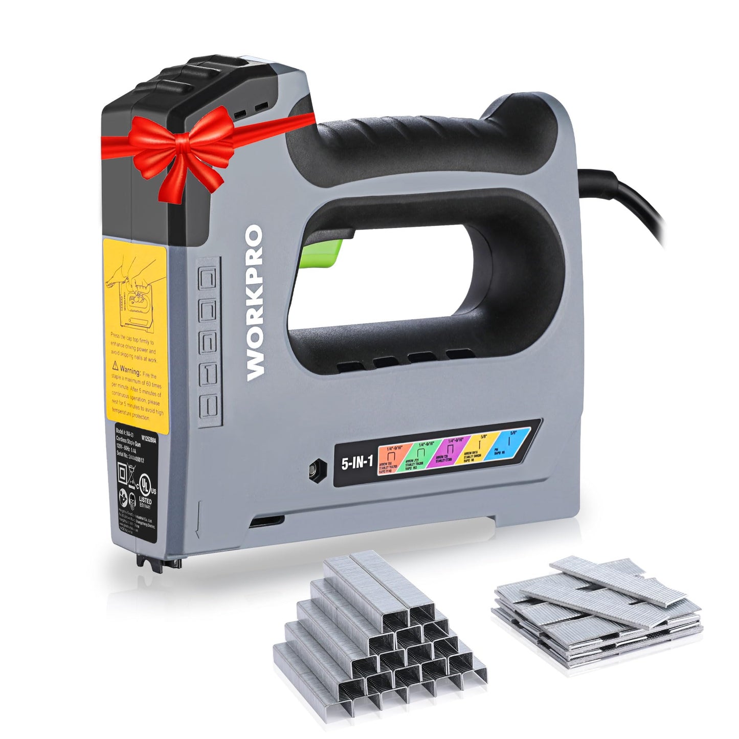 WORKPRO 5 in 1 Staple Gun,110V Corded Brad Nailer with 2000 Staples and Nails, Electric Staple Gun for DIY Project of Woodworking