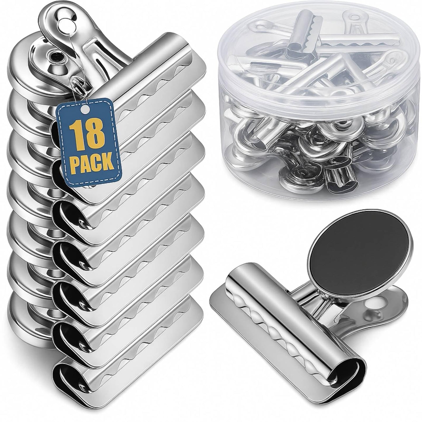 MorningRo 18 Pcs 18 Pcs Magnetic Clips 2.2 Inch Metal Heavy Duty Refrigerator Magnet Clips with Box for Whiteboard Fridge Photo Displays Office School Classroom(Silver)