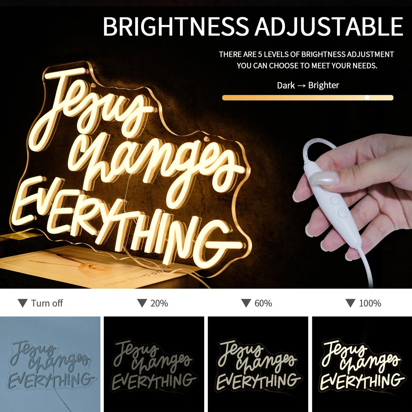 Virlusy Jesus Changes Everything Neon Sign for Wall Decor Dimmable White Christian Neon Signs Letters Led Neon Lights Signs LED Signs for Church Bedroom Home Party Decoration Christams Easter Gifts