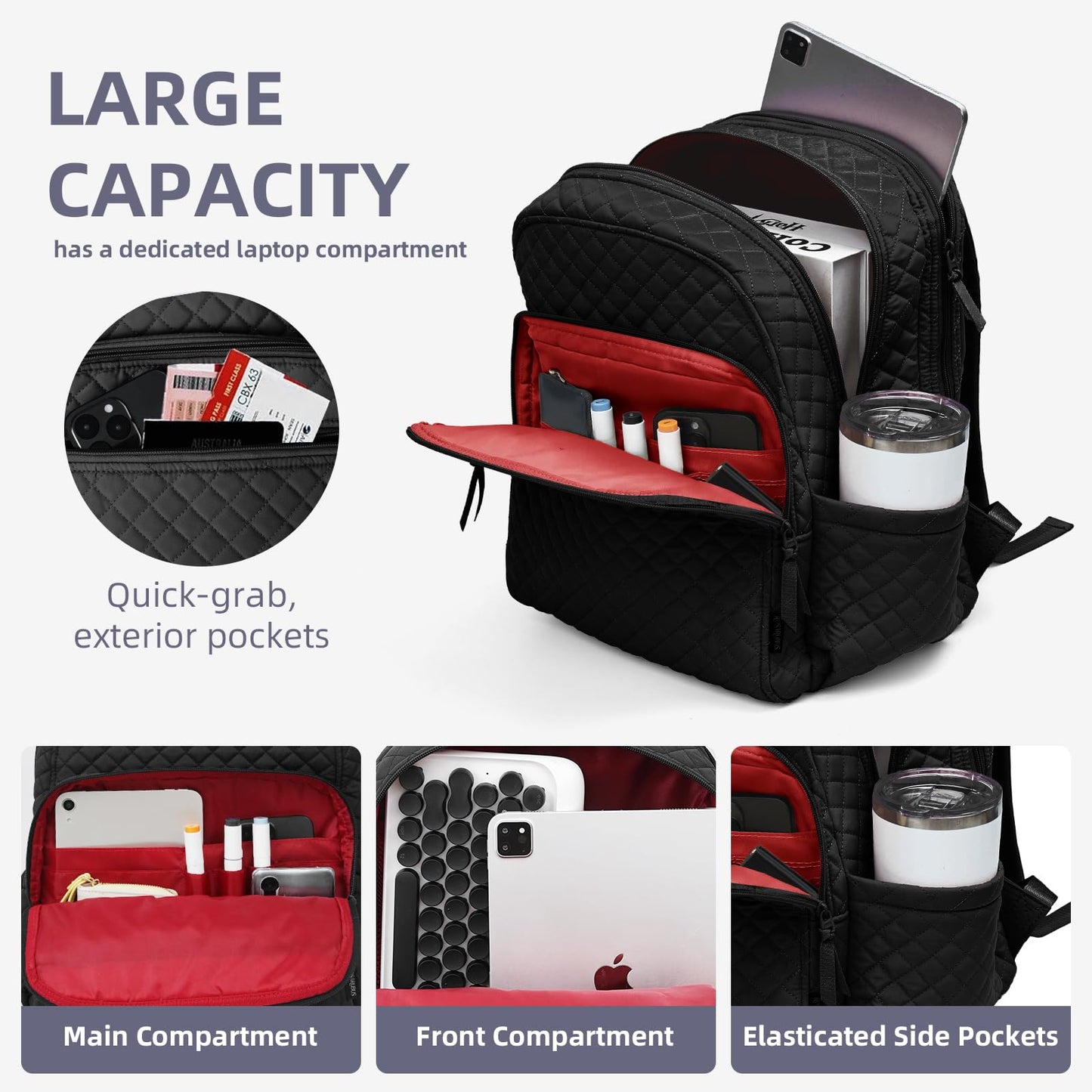 RosaRubus Backpack for Women,College Backpack,Quilted Casual Daypack,Waterproof Bookbag for 15.6Inch Laptop (Black)