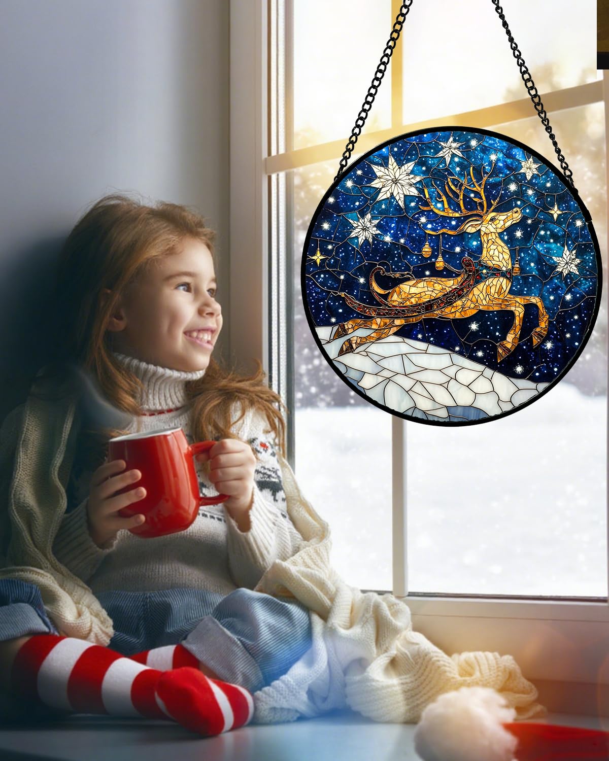 HWRHTR Stained Glass Window Hanging - Reindeer Blue Starry Sky Suncatcher for Doors Home Christmas Decoration Winter Sun Catcher Thanksgiving New Year Birthday Gifts for Women Men Mom Nana 6.3 in