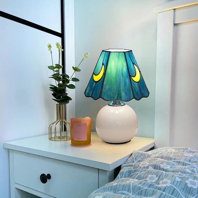 Mushroom Tiffany Lamp Stained Glass Moon Lamp Small Bedside Table Lamps for Bedroom Dorm Living Kitchen, Home Birthday Christmas Thanksgiving Day Gift (Sea Blue)