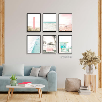 mifyuibytr Set of 6 Beach Canvas Wall Art, 8x10in Tropical Summer Ocean Coastal Posters, Preppy Gallery Beach Prints, Girly Nautical Surfboard Bus Room Decor, California Beachy Pictures Unframed