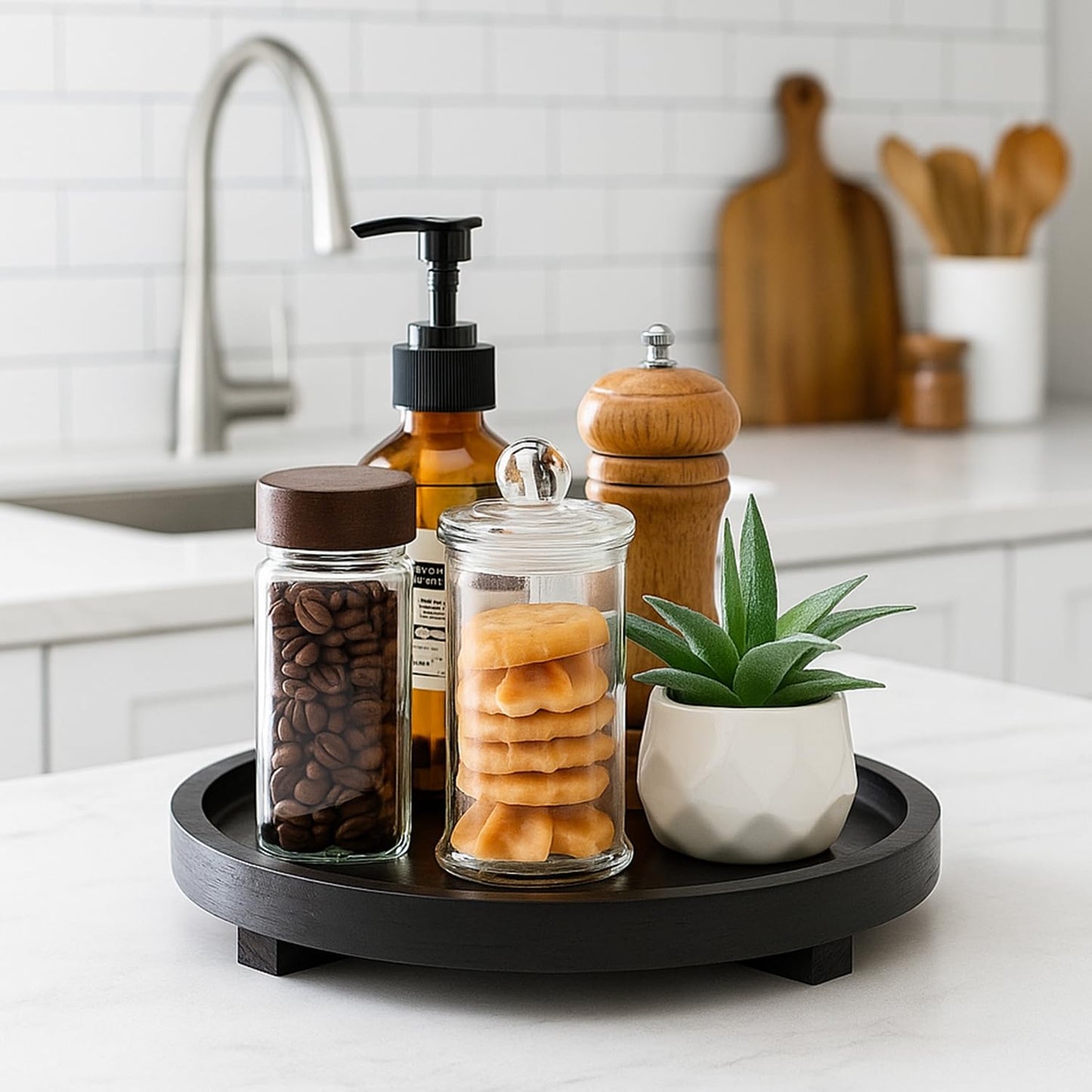 Black Decorative Wooden Tray for Kitchen Counter Bathroom Accessories Sink Vanity Trays Wood Riser Candle Pedestal Stand for Perfume Soap Trays Round Dining Coffee Table Small Rustic Home Decor Tray