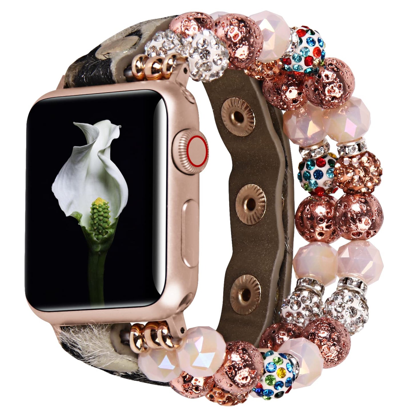 VIQIV Bracelet Band Compatible with Apple Watch 41mm/40mm/38mm Series 7 6 5 4 3 2 1 for Women Girls, Fashion Multi-Wraps Elastic Glitter Beaded Leopard Leather Strap for iwatch Bands