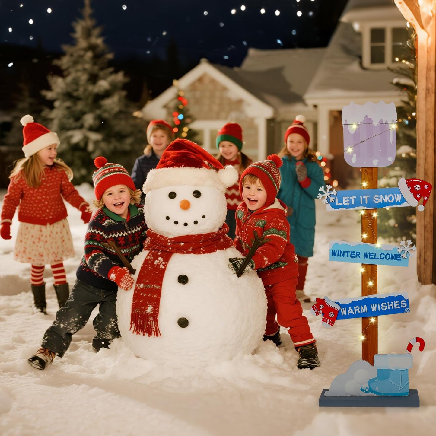 Lighted Wooden Christmas Porch Sign | Let It Snow Winter Welcome Porch Decor |Xmas Hat Gloves Candy Cane Wood Signs for Winter Wonderland Bule Christmas Decorations