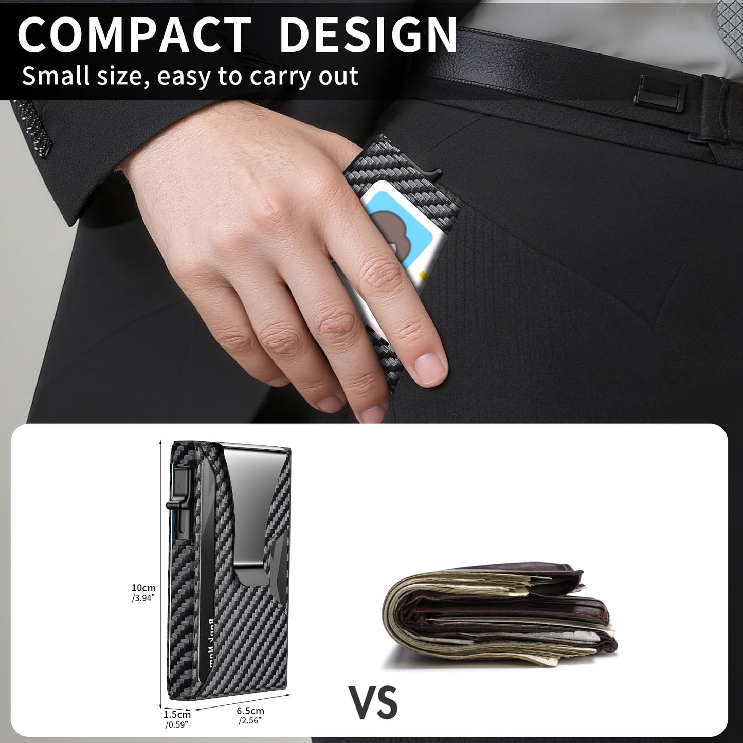 KISUEDZP Wallet for Men Slim Minimalist Pop-up Smart Holds 5-6 Cards - RFID Blocking Metal with Money Clip, Credit Card Holder & ID Window,Business Card Cases men accessories(Carbon)