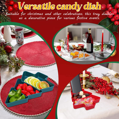 DEARMAMY Christmas Tree Snack Tray Set of 3 - Red Green White Plastic Divided Serving Plates for Holiday Parties, Candy, Nuts, Fruits, And Appetizers, Christmas Tree Shaped Platters for Entertaining