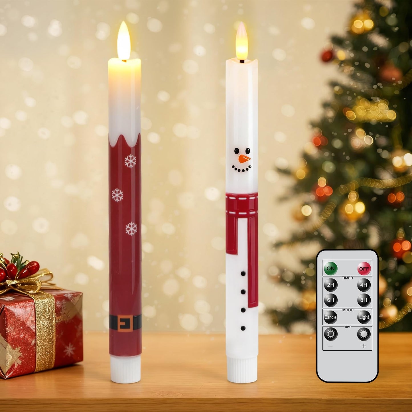 Wondise Christmas Snowman Flameless Taper Candles with Remote Timer, Real Waxy Battery Operated Flickering Candlesticks 3D Wick LED Candles 9.6inch for Halloween Christmas Thanksgiving Decoration