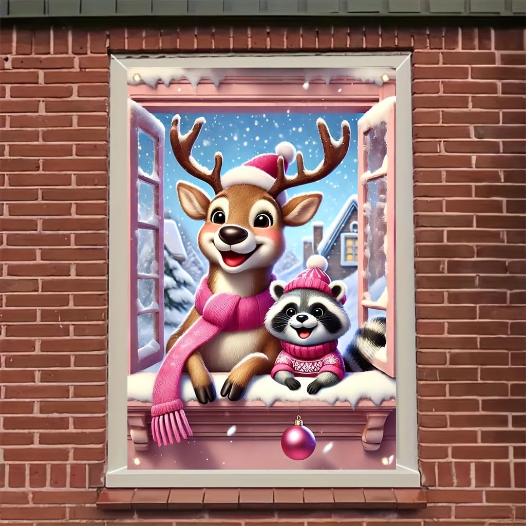 Tomhong Christmas Reindeer and Raccoon Window Banner 31x47 Inch Snowy Scene Holiday Decoration for Indoor Outdoor Home Wall or Window Display Cozy Christmas Decor