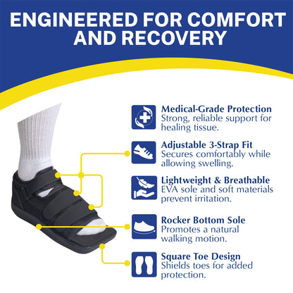 Brace Direct Square Toe Deluxe Post Op Shoe - Orthopedic Recovery Support for Broken Foot, Stress Fracture, Bunion, Hammer Toe, Diabetic Ulcer & Post-Surgery Healing Size S – Men 7.5-9 / Women