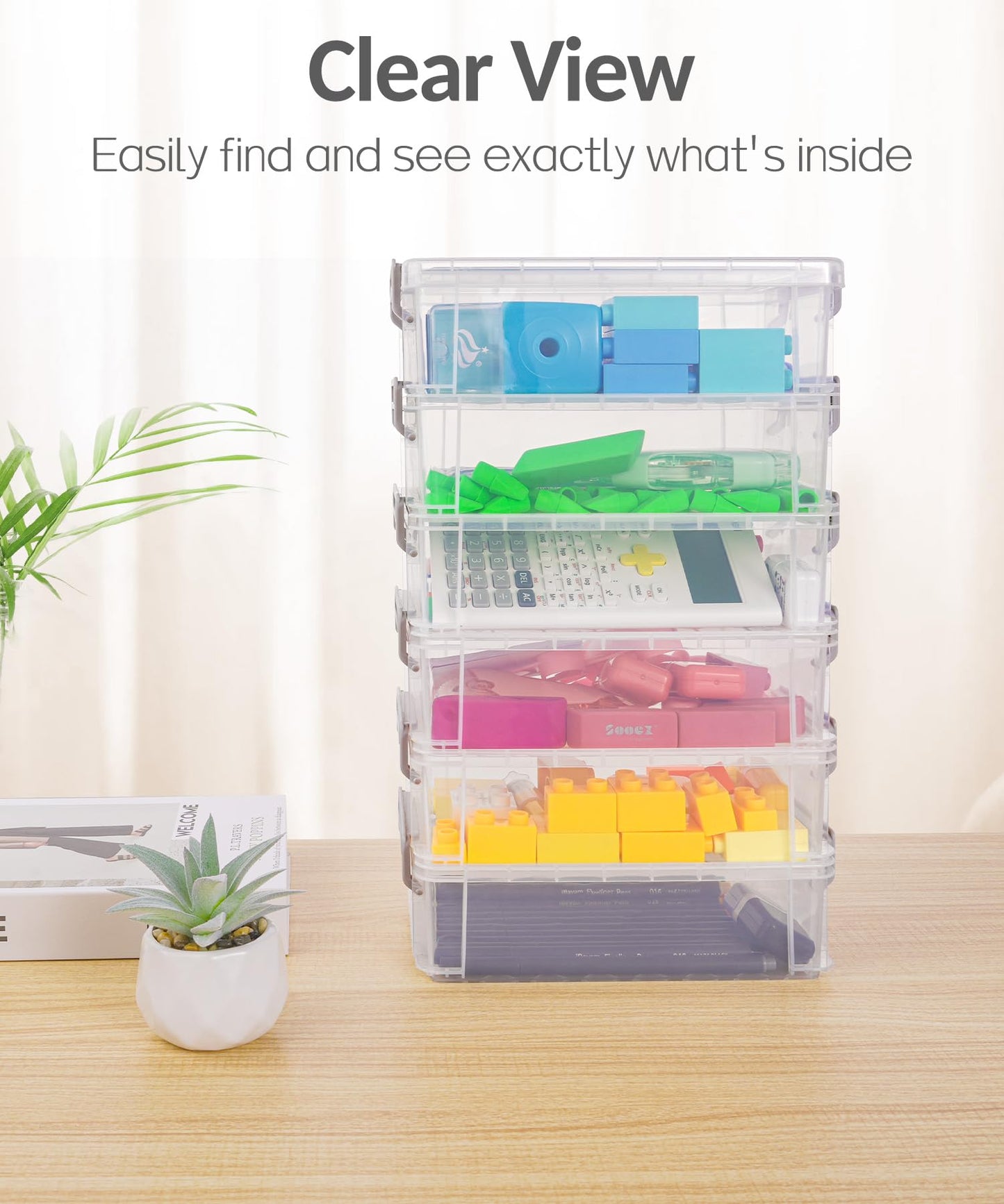 Sooez 6 Pack Extra Large Pencil Box, Plastic Pencil Case Crayon Box, Clear Marker Organizer Plastic Containers with Lid, Stackable Storage Boxes for Art Craft,Pen,Back to School Teacher Supplies, Grey