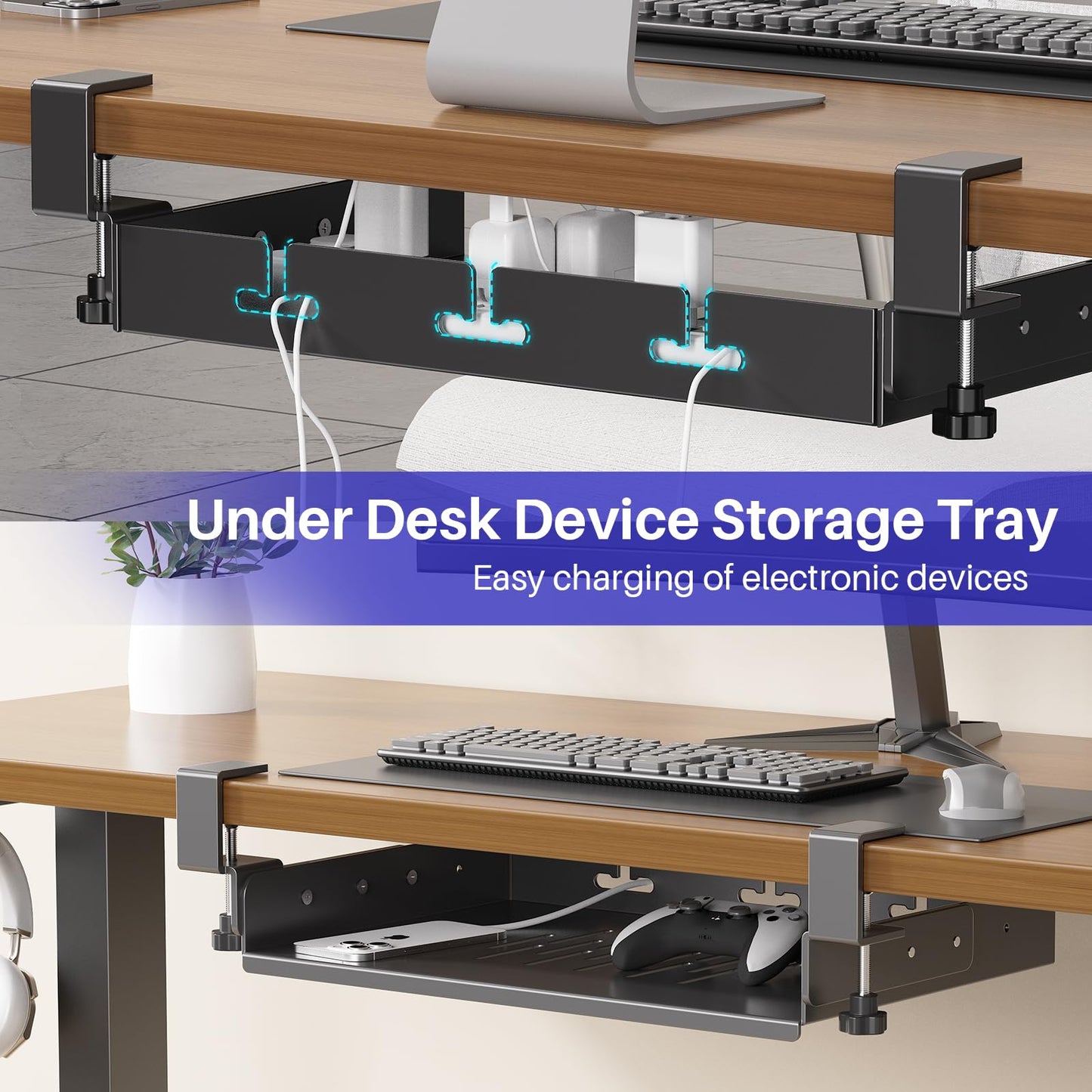 No Drill Under Desk Laptop Mount, Metal Under Desk Storage Shelf with Cable Management, Laptop Storage Tray for MacBook, Keyboard, Mac Mini, Anti-Scratch Silicone, Fits Office, Gaming, Workstations
