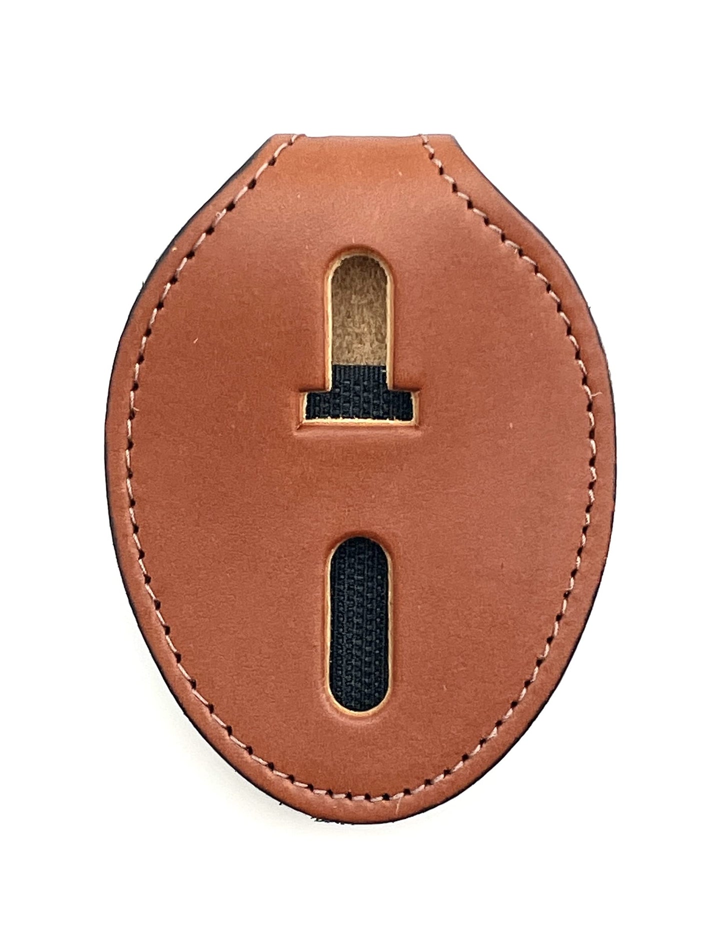 Perfect Fit Universal Oval Police Badge Holder Shield with Metal Belt Clip and Bead Chain Necklace, Hook and Loop Closure, Tan Leather