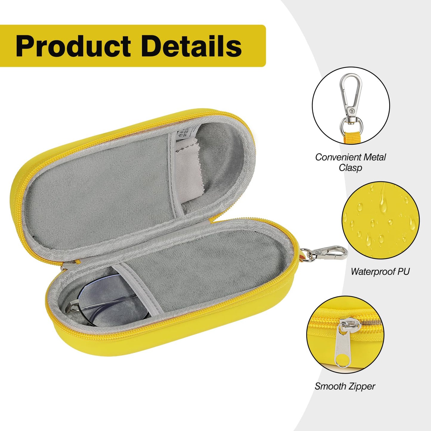 MoKo Double Glasses Case Hard Shell, Portable Travel Eyeglasses Case with Zipper Closure & Metal Hanging Hook, PU Leather Dual Sunglass Organizer for Women, Men, Yellow-Oval