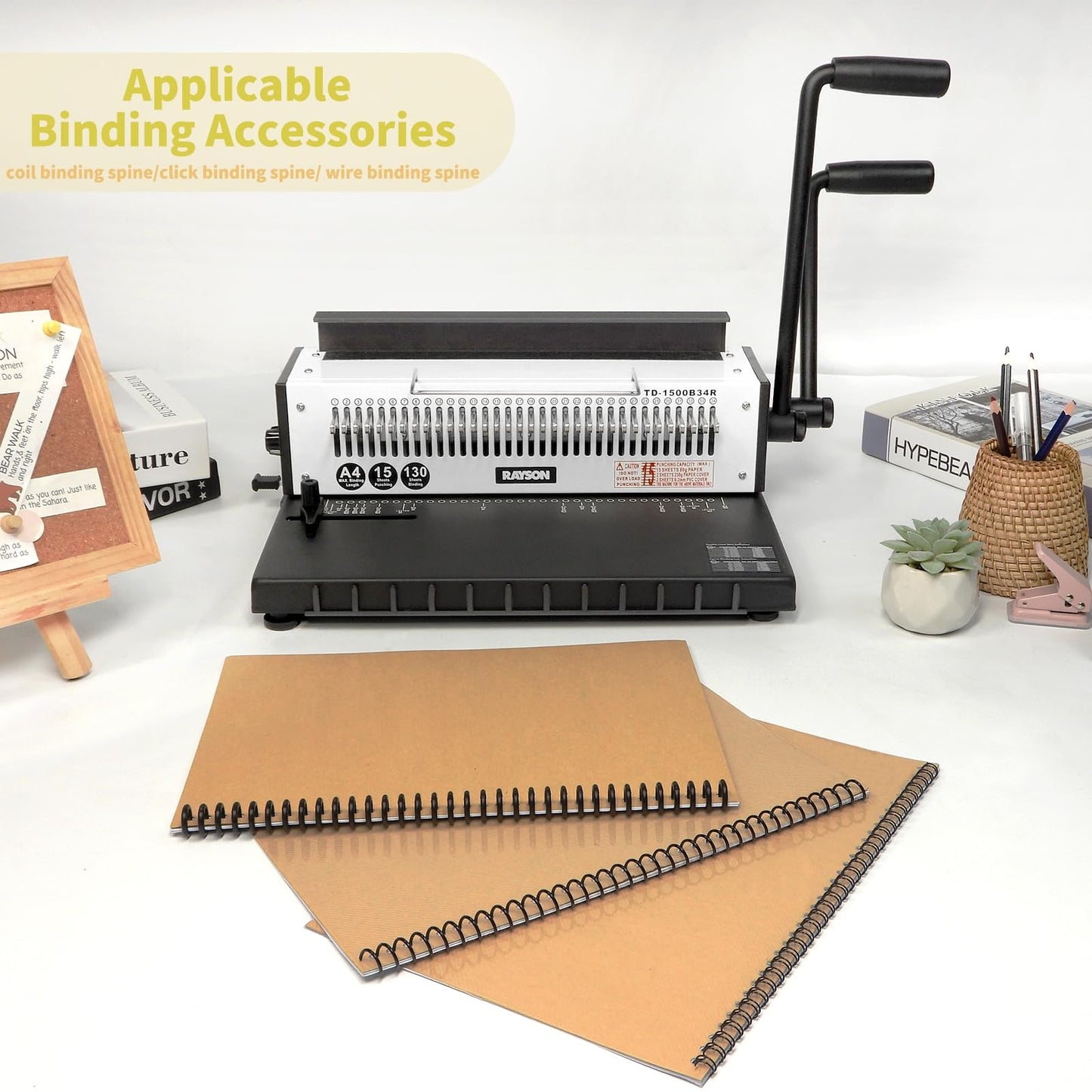 Rayson TD-1500B34R Binding Machine, Round Holes, 3:1 Pitch Wire-O Binder Punch 15 Sheets/Bind 130 Sheets with Sturdy Metal Construction