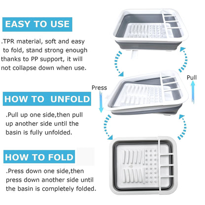 Collapsible Dish Drainer with Drain Plug and Swivel Spout, Space-Saving, Portable Dish Rack for Kitchens, RVs, Campers and Travel Trailers