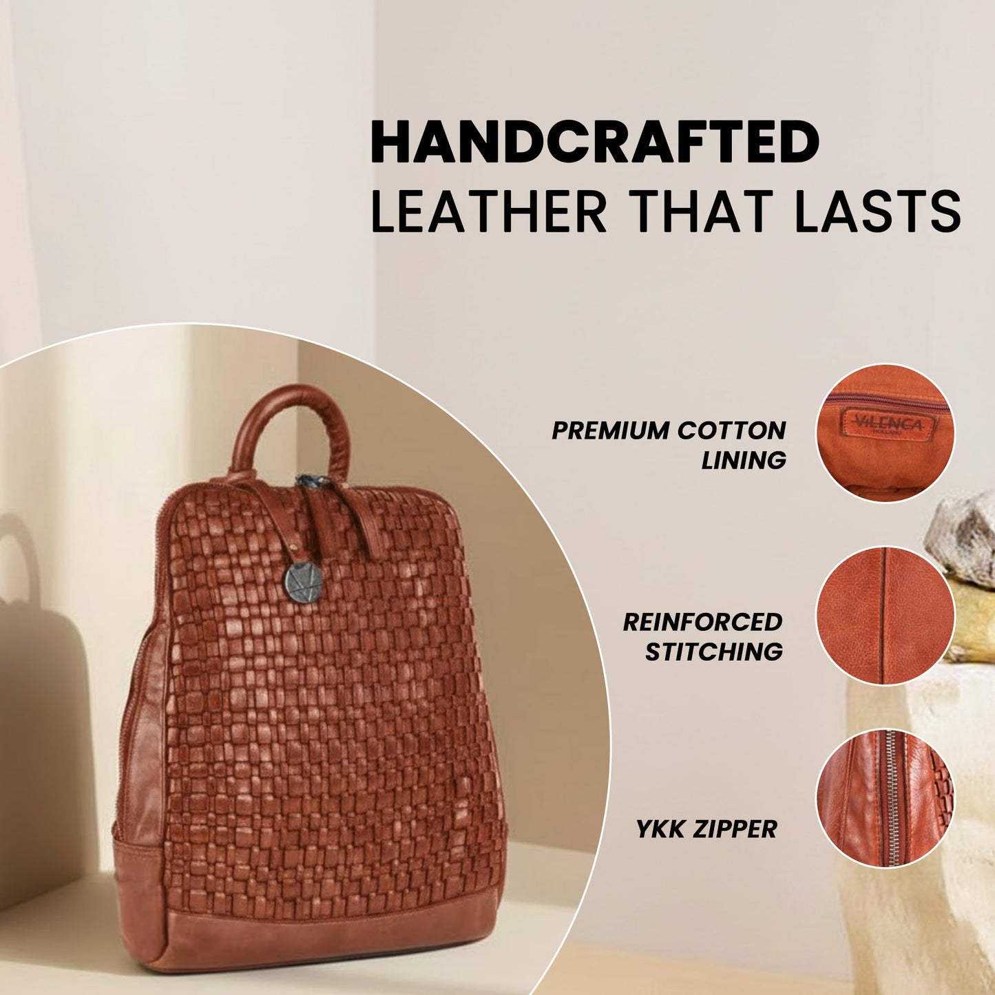 VILENCA HOLLAND 12.5 Inch Genuine Leather Backpack for Women and Men, Cognac Leather Backpack with Adjustable Shoulder Strap