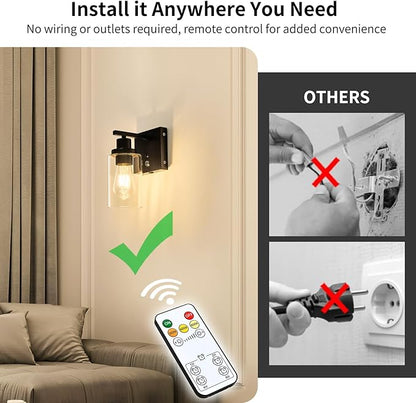 Dimmable Battery Operated Wall Sconce Set of 2 Black with 3-Color Temperature Bulb, 10000mAh Rechargeable Wireless Wall Sconces Set of Two with Remote Control Wall Light for Bedroom, Hallway