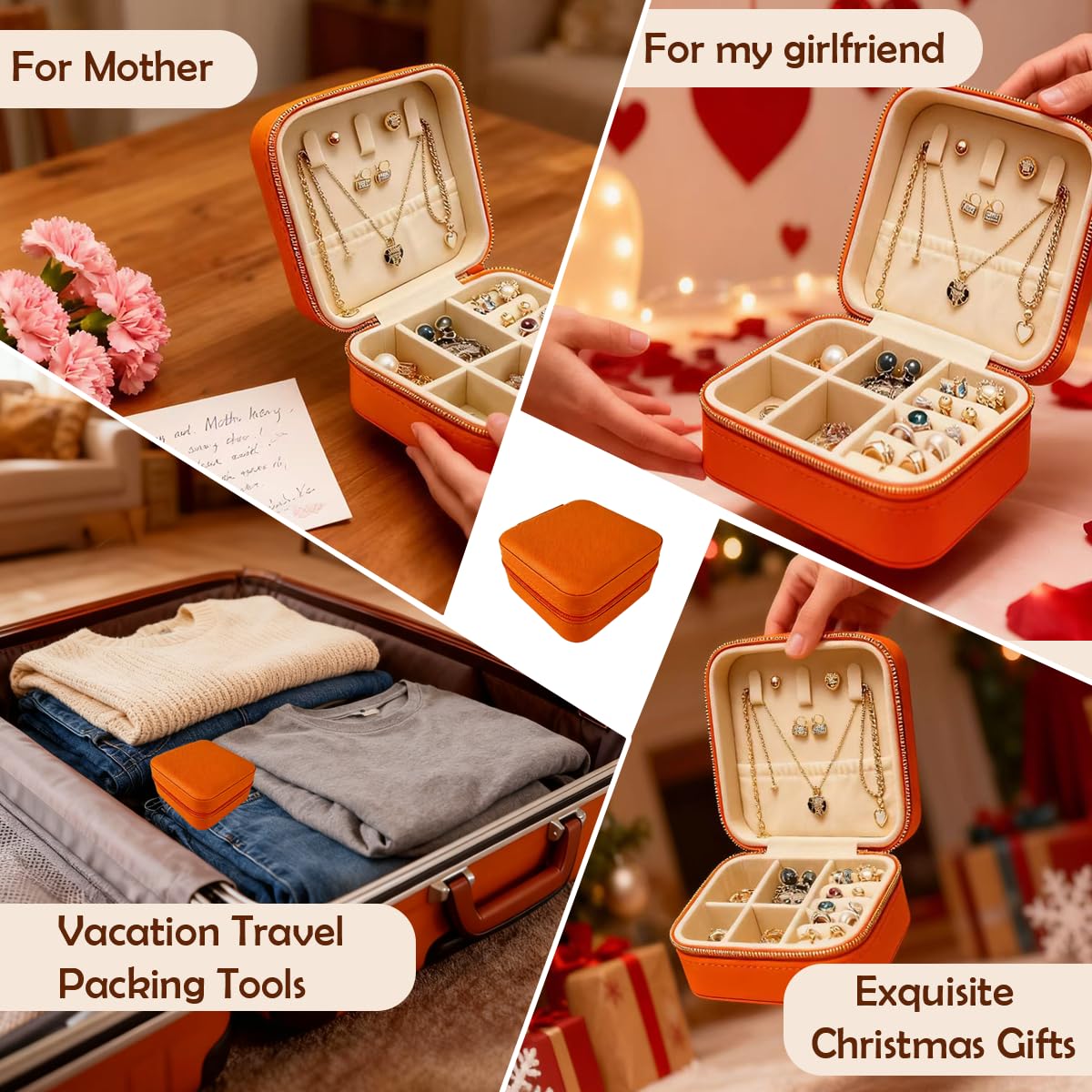 SMUVSMU 4 Pcs Travel Jewelry Box, Travel Mini Jewelry Organizer, Portable Mini Leather Jewelry Case Organizer for Earrings and Necklaces, for Women Girls,Orange