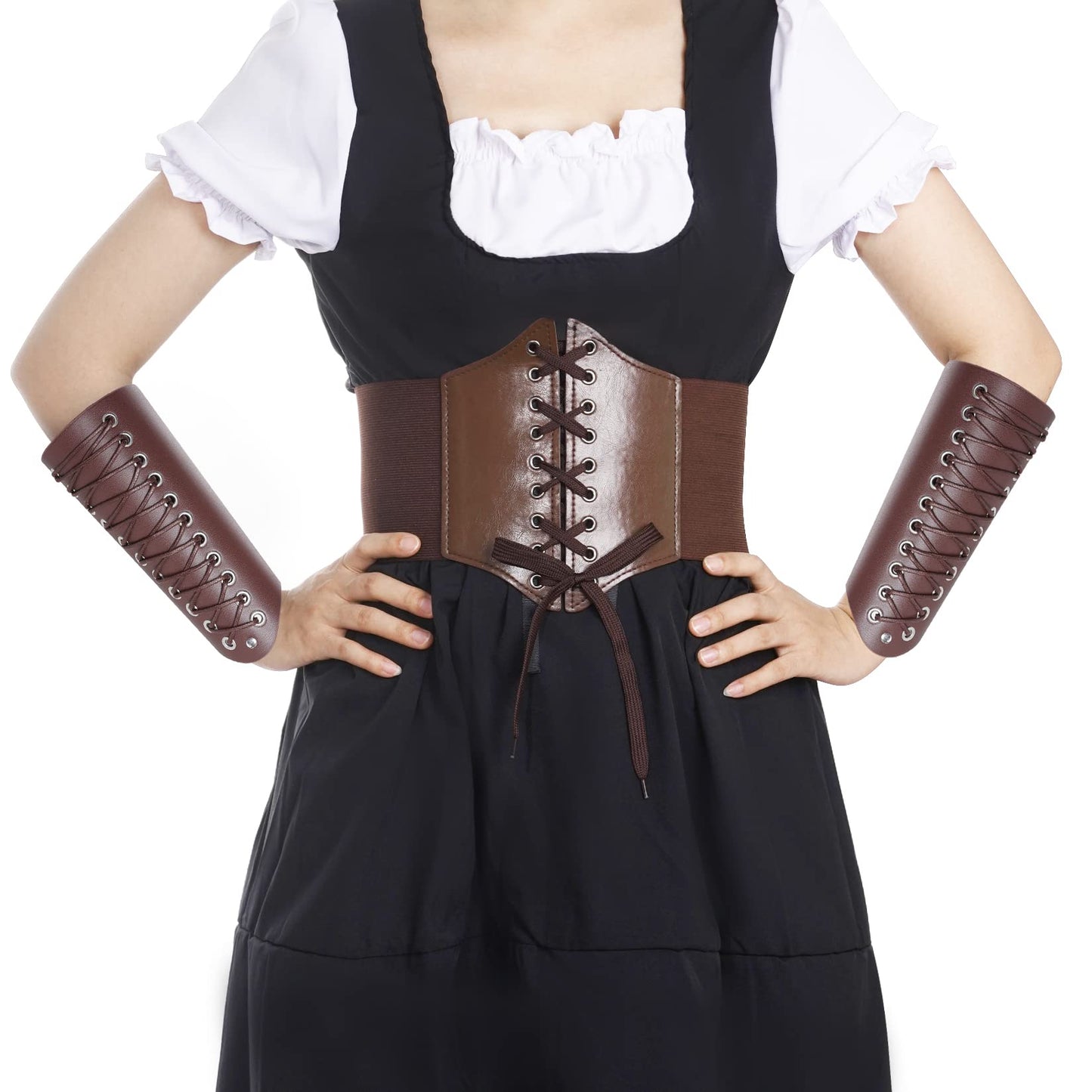 Pistha 3 Pcs Corset Belt Elastic and Faux Leather Gauntlet Wristband for Women Halloween Medieval Renaissance Pirate Viking Warrior Cosplay Brown (M, Brown)