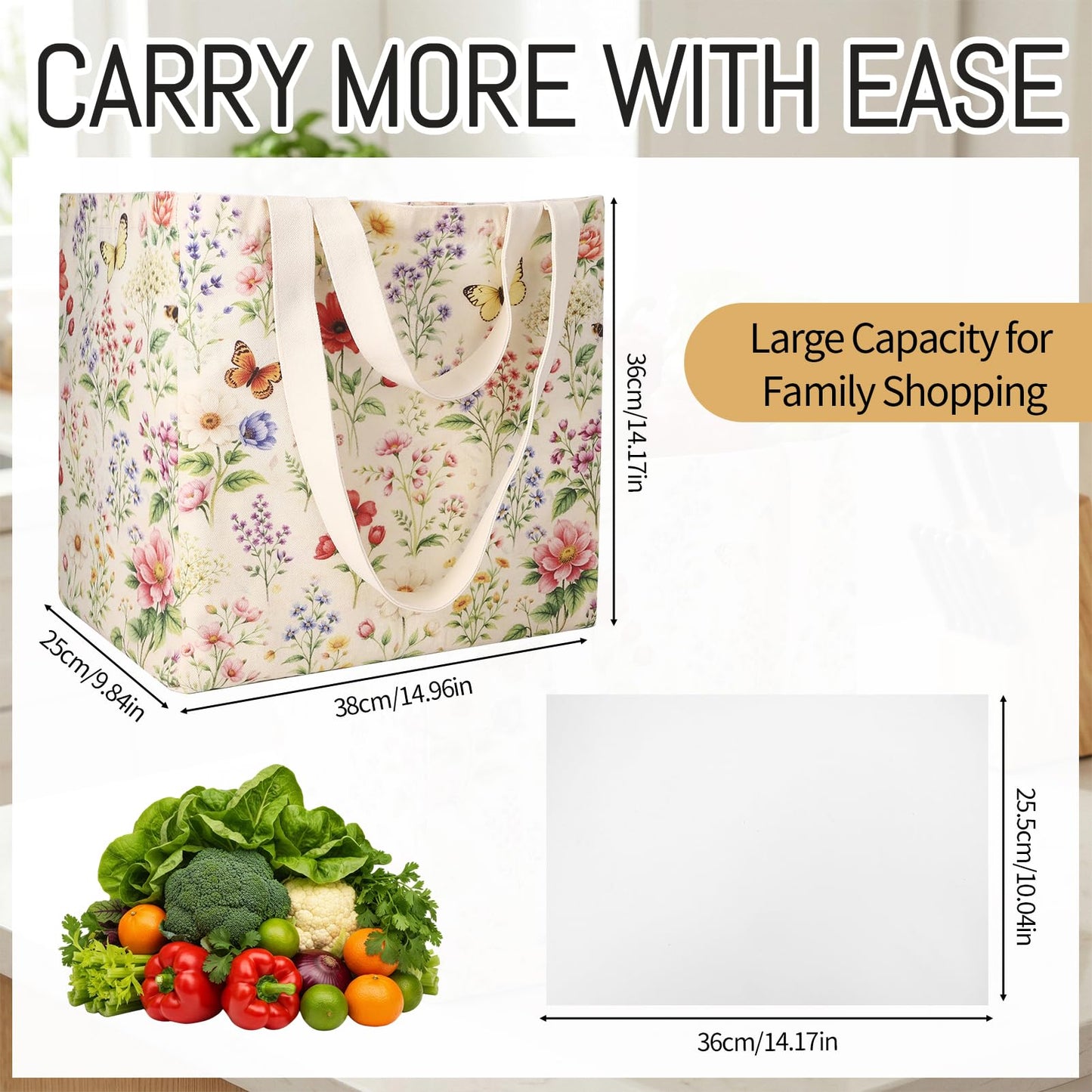 Ovveroche Large Canvas Grocery Tote Bag with Floral Reusable Heavy Duty Shopping Tote Bags with 6 Inner Pockets & Hard Bottom