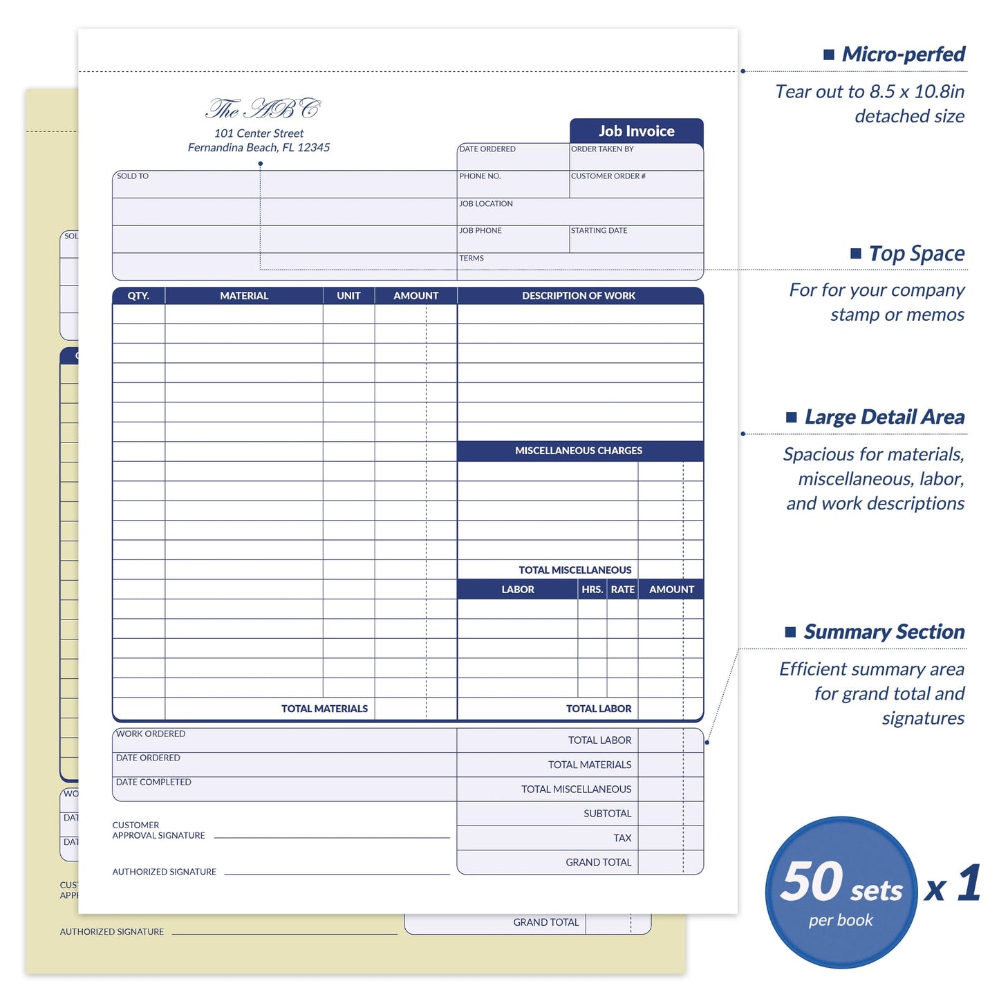 Harfesto Job Work Order Forms, Large Size Contractor Invoice Book 8-1/2" x 11-7/16", Invoice Receipt Book for Small Business, 2-Part Carbonless Forms, 50 Sets
