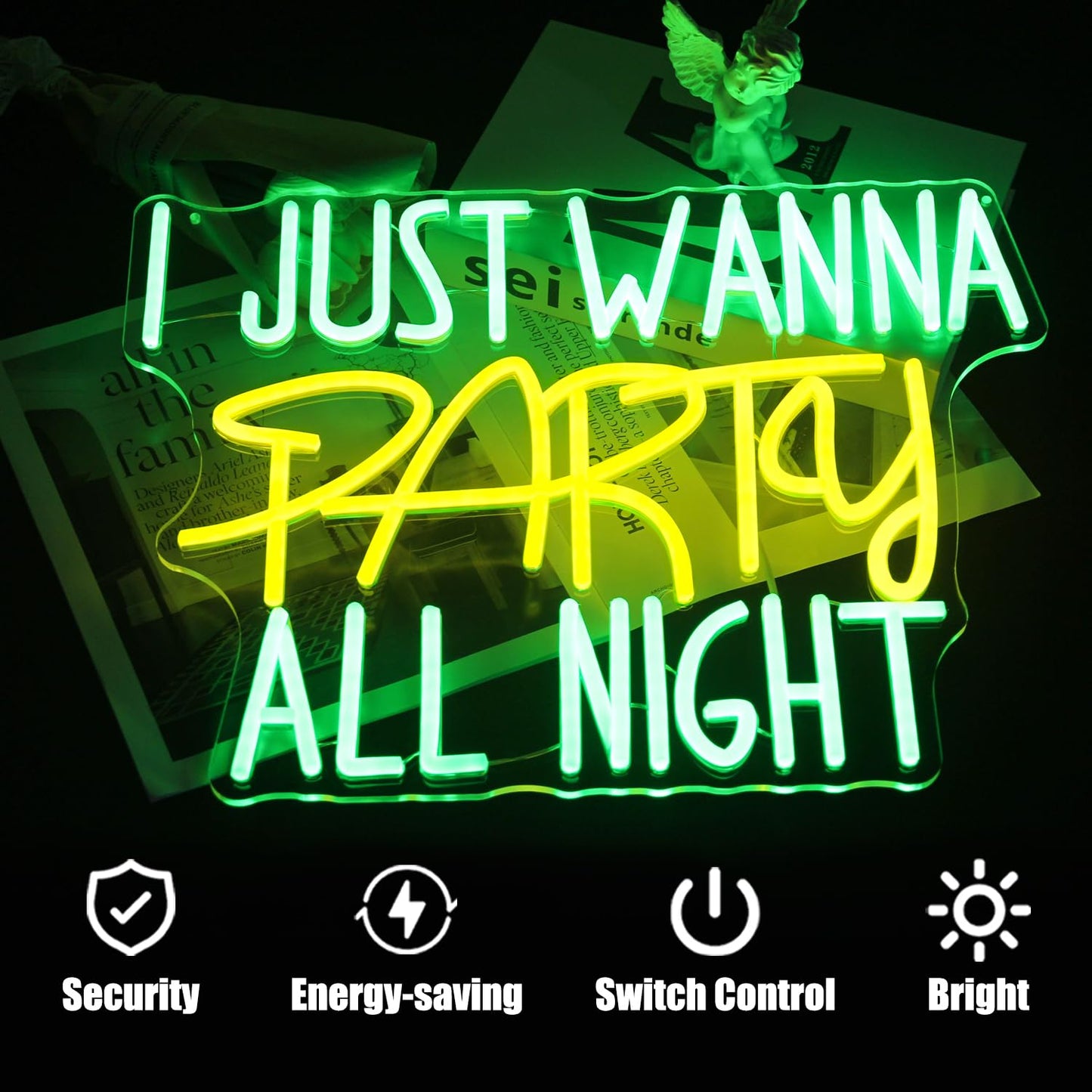 I Just Wanna Party All Night Neon Sign Green Yellow Letter Neon Light Prom Night LED Signs for Wall Dimmable Party Neon Lights Signs for Ball Prom Birthday Bar Decor USB Powered