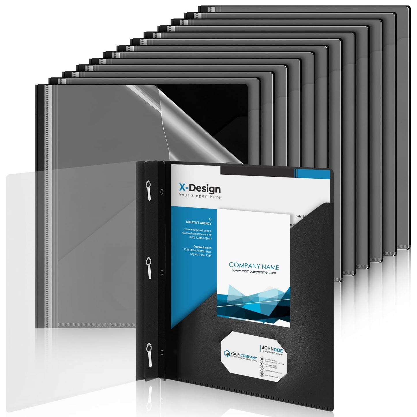 Teling 24 Pcs Clear Front Report Covers with 3 Prongs, Suit for A4/8.5'' x 11'' Letter Size Paper, Plastic Black Presentation Folders Bulk, 90 Sheet Capacity, for School Business