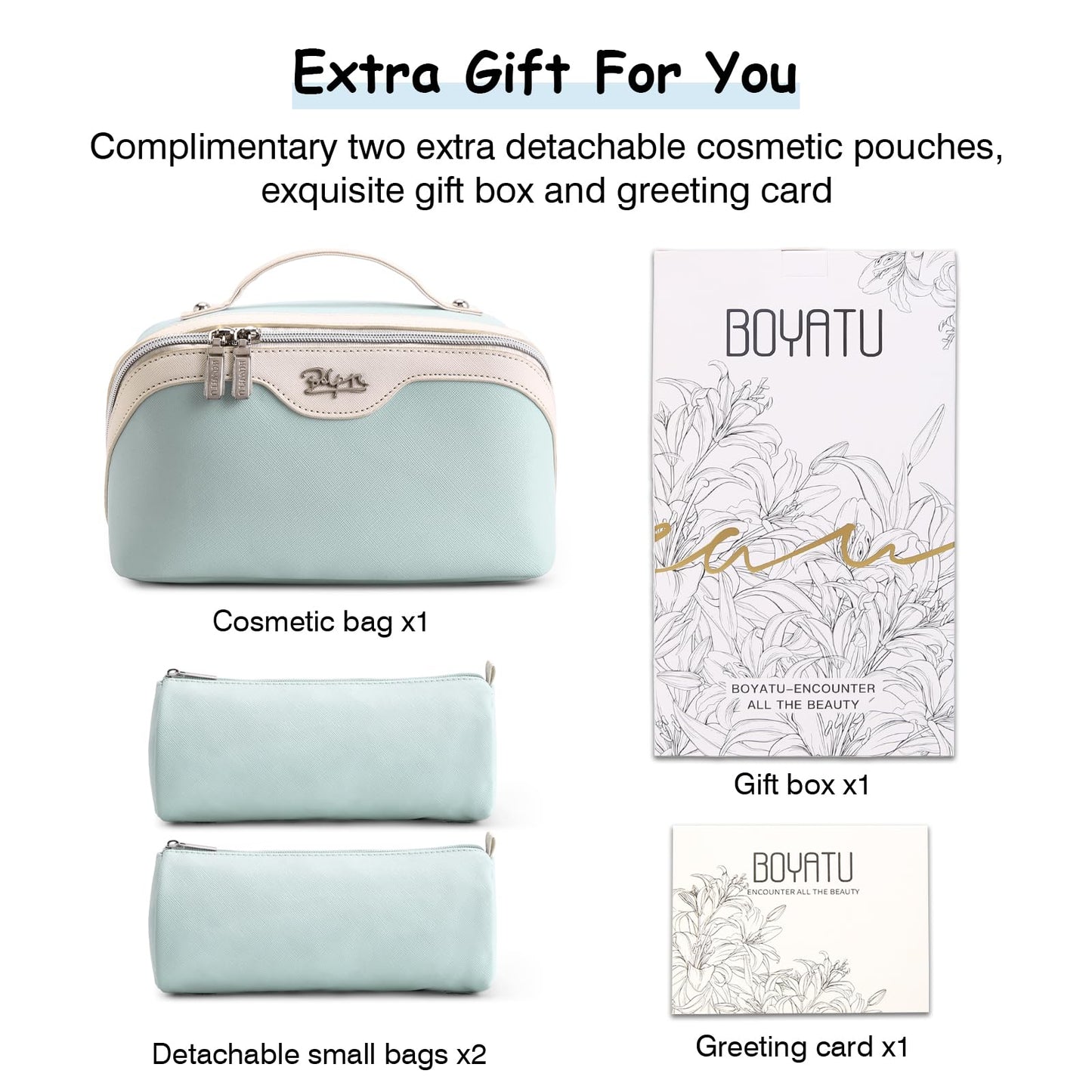 BOYATU Travel Makeup Bag Organizer Cosmetic Bag: 3 Pcs Set Make up Bags for Women with Handle - Waterproof Vegan Leather Toiletry Bags Travel Essentials Pouch with Compartments (A-06-Blue)
