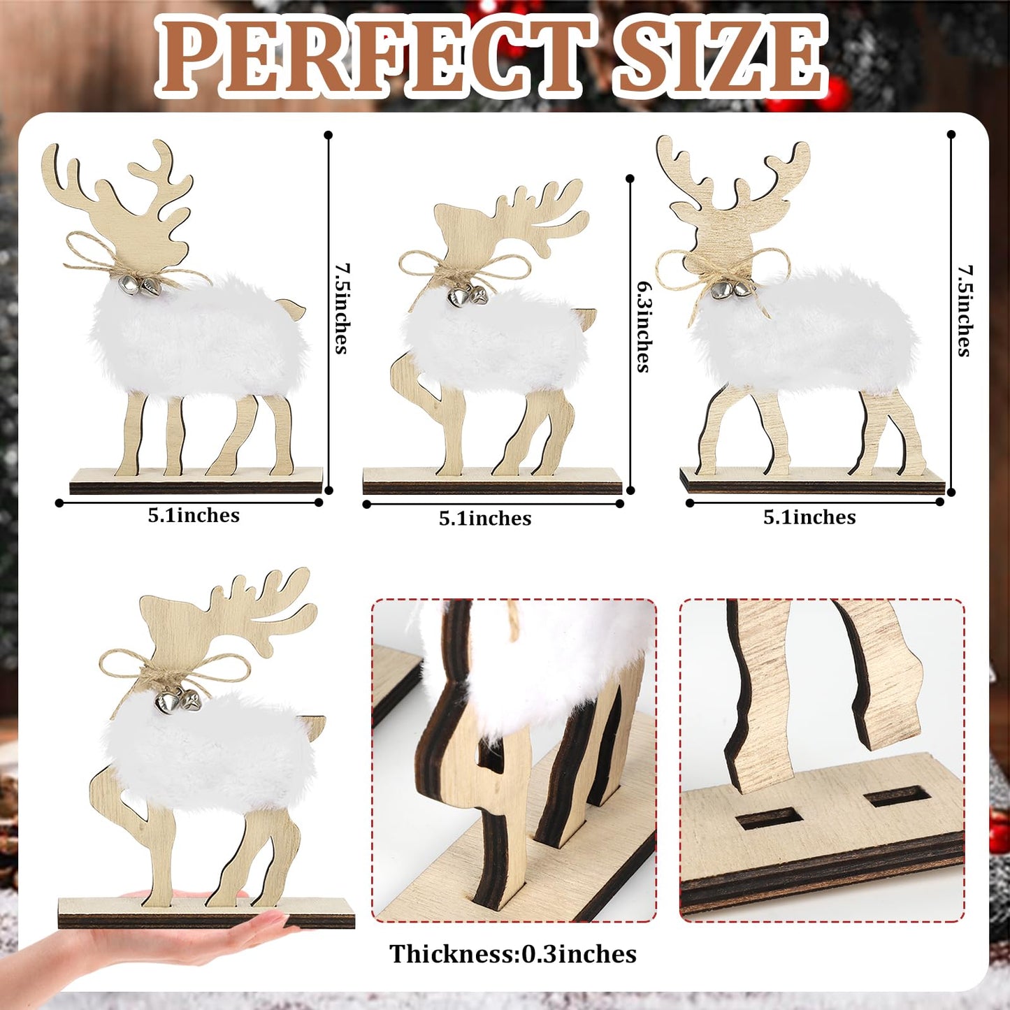 COCHIE Cute Christmas Tiered Tray Decor Indoor, Wooden Reindeer Christmas Tabletop Decorations and Xmas Tree Centerpiece, Reindeer Sign Standing Elk Decor for Home Party Decorations (Fur)