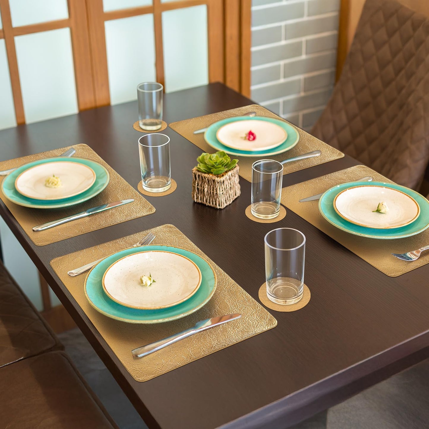 comfoyar Faux Leather Placemats Set of 6 with Coasters, 12x17inch Non-Slip Heat Resistant Dual-Sided Gold Crackled Place Mats, Washable Waterproof Table Mats for Kitchen Dining Party Table Decoration