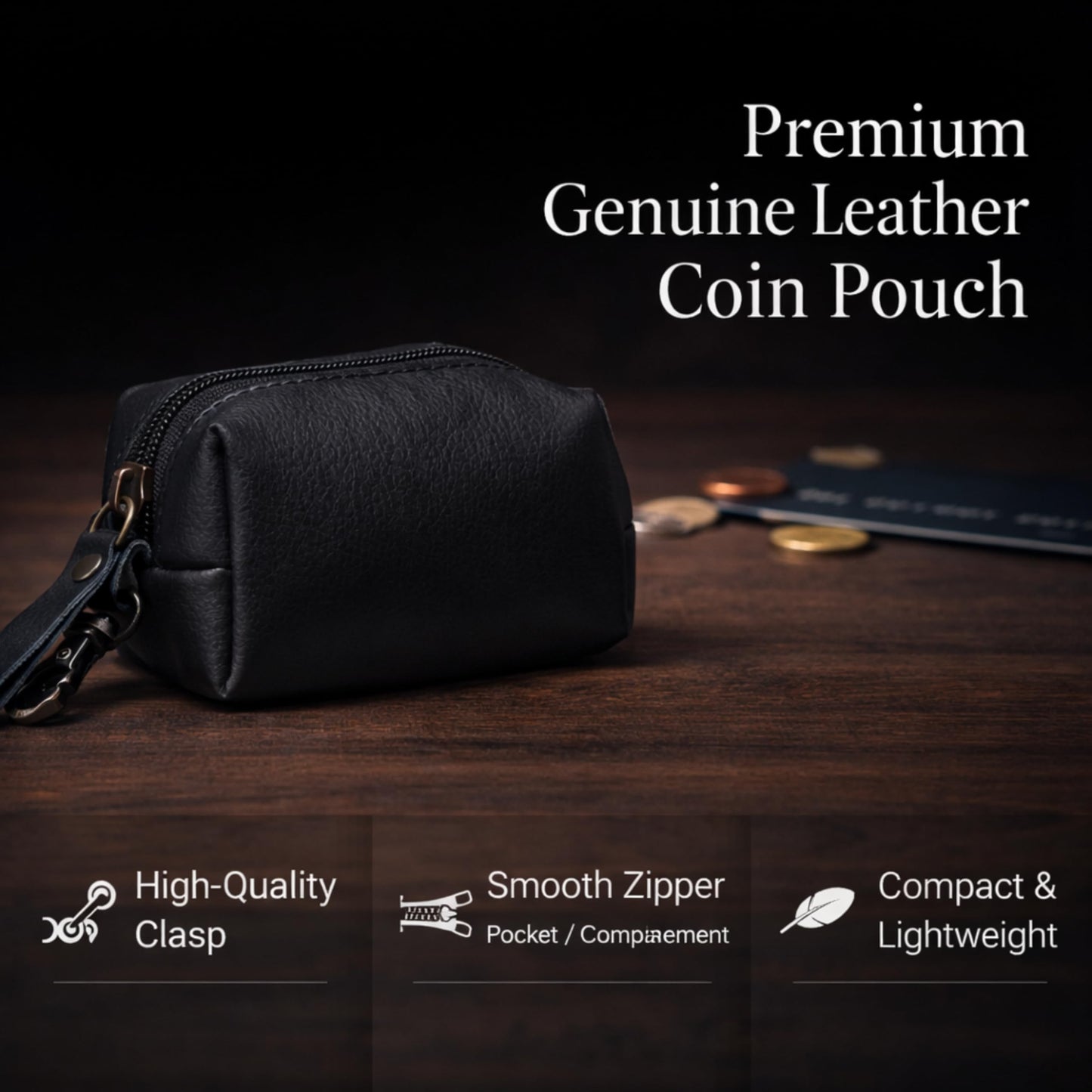 Leather Zipper Coin Pouch with Key Clip, Compact Change Holder Wallet for Men & Women, Small Leather Coin Purse for Cash, Keys, Earbuds, Everyday Carry Accessory (1, Black)