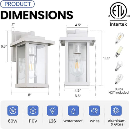 Outdoor Wall Sconce, Outside Porch Light Fixtures, Anti-Rust Exterior Wall Lights in Matte White Finish with Clear Glass for Garage Doorway Entryway, 2 Pack