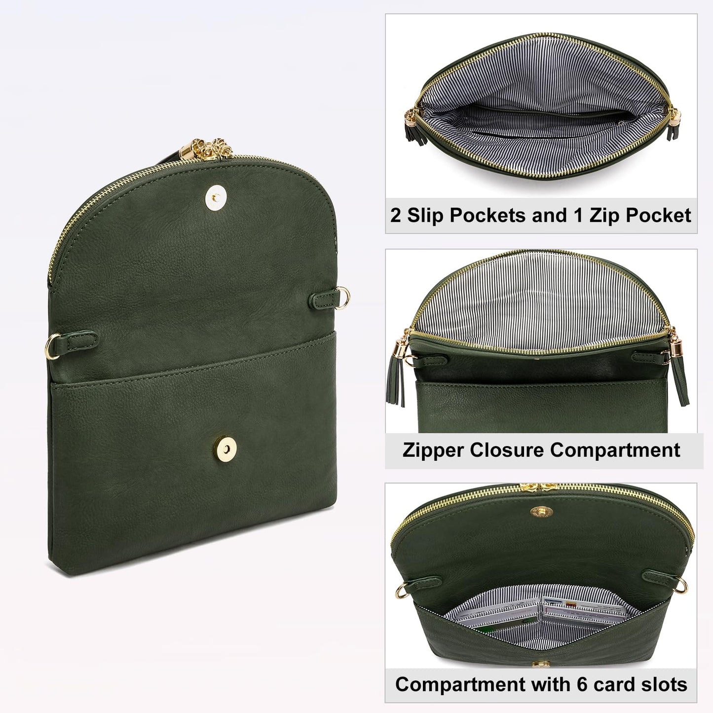 Solene Women's Envelop Clutch Crossbody Bag With Tassels Accent (WU075-Olive)