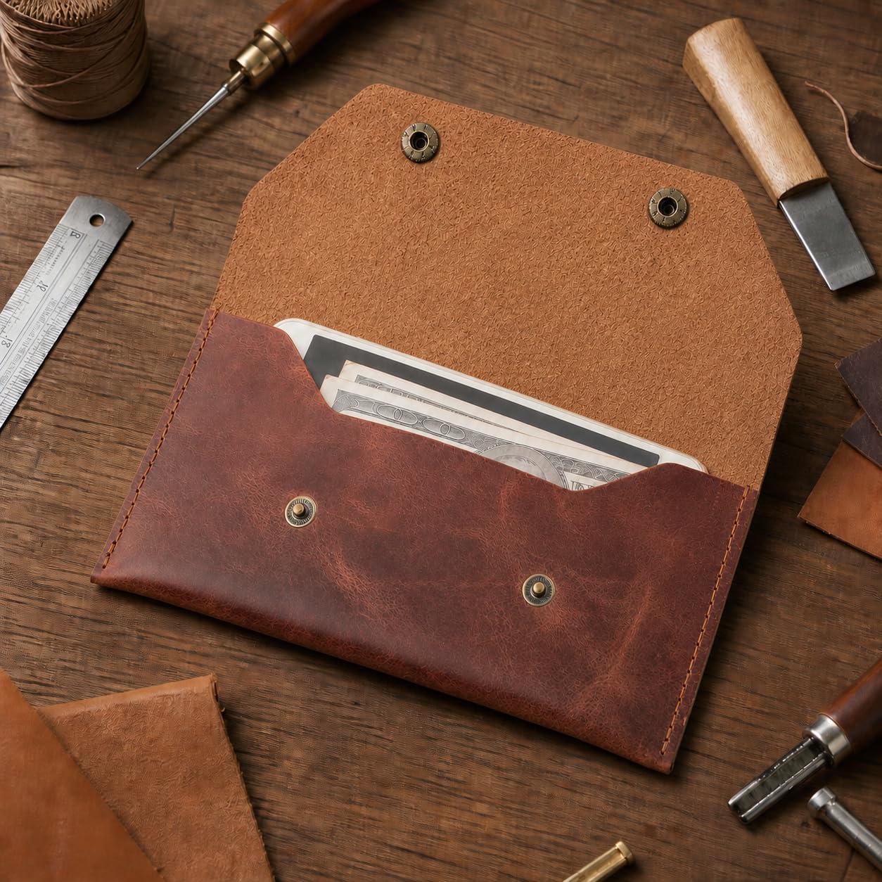 ZEMARS Genuine Leather Cash Envelope Wallet, Two Snap Money Pouch for Men and Women, Reusable Budget Envelope Wallet, Slim Organizer for Cash, Cards, Receipts, Checks and Keys (Cognac)