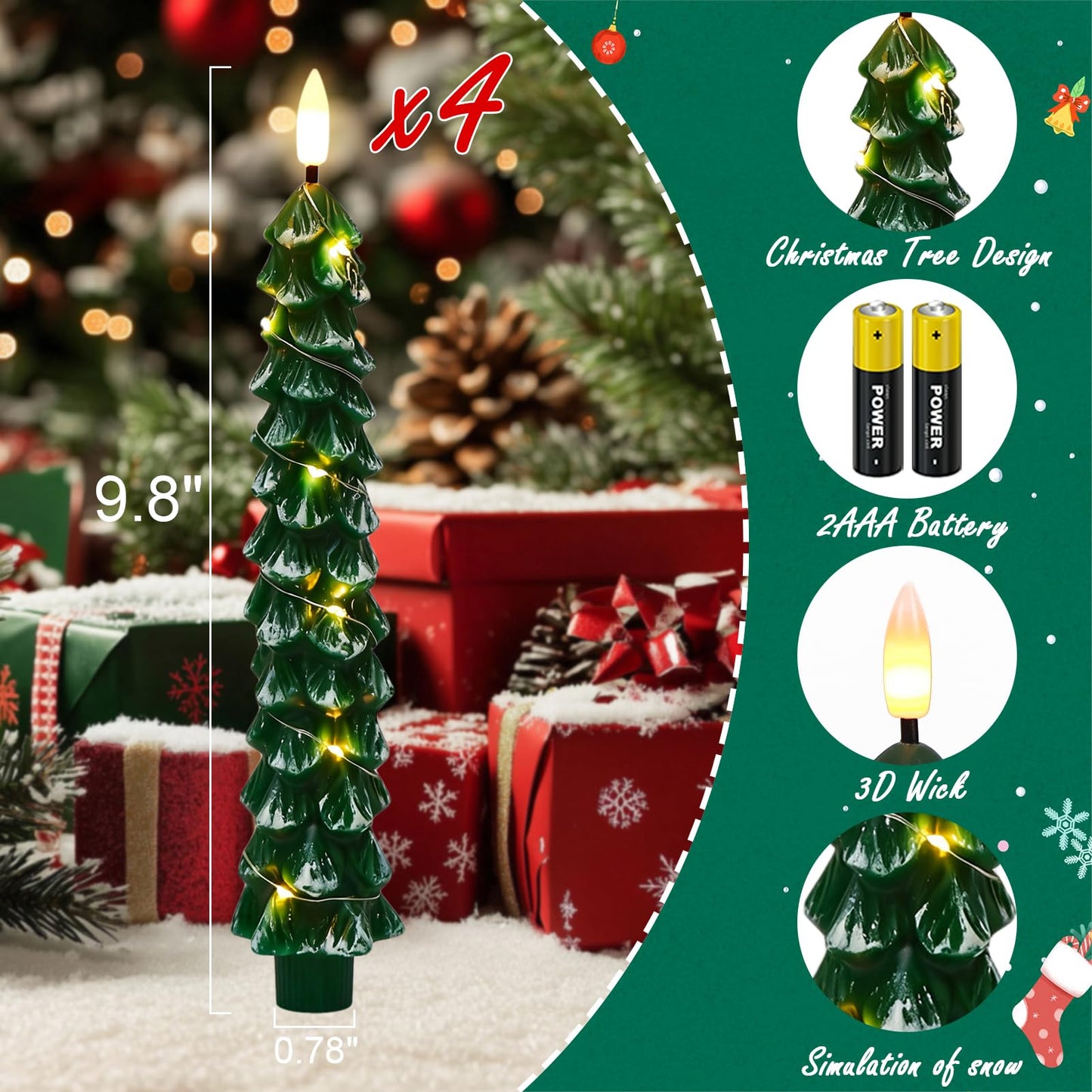 KunSwenn Christmas Tree Candles with Remote, Snowy Waxy Christmas Tree Flameless Taper Candles Battery Operated with String Lights, Set of 4 LED Tree Candlesticks for Xmas Winter Décor