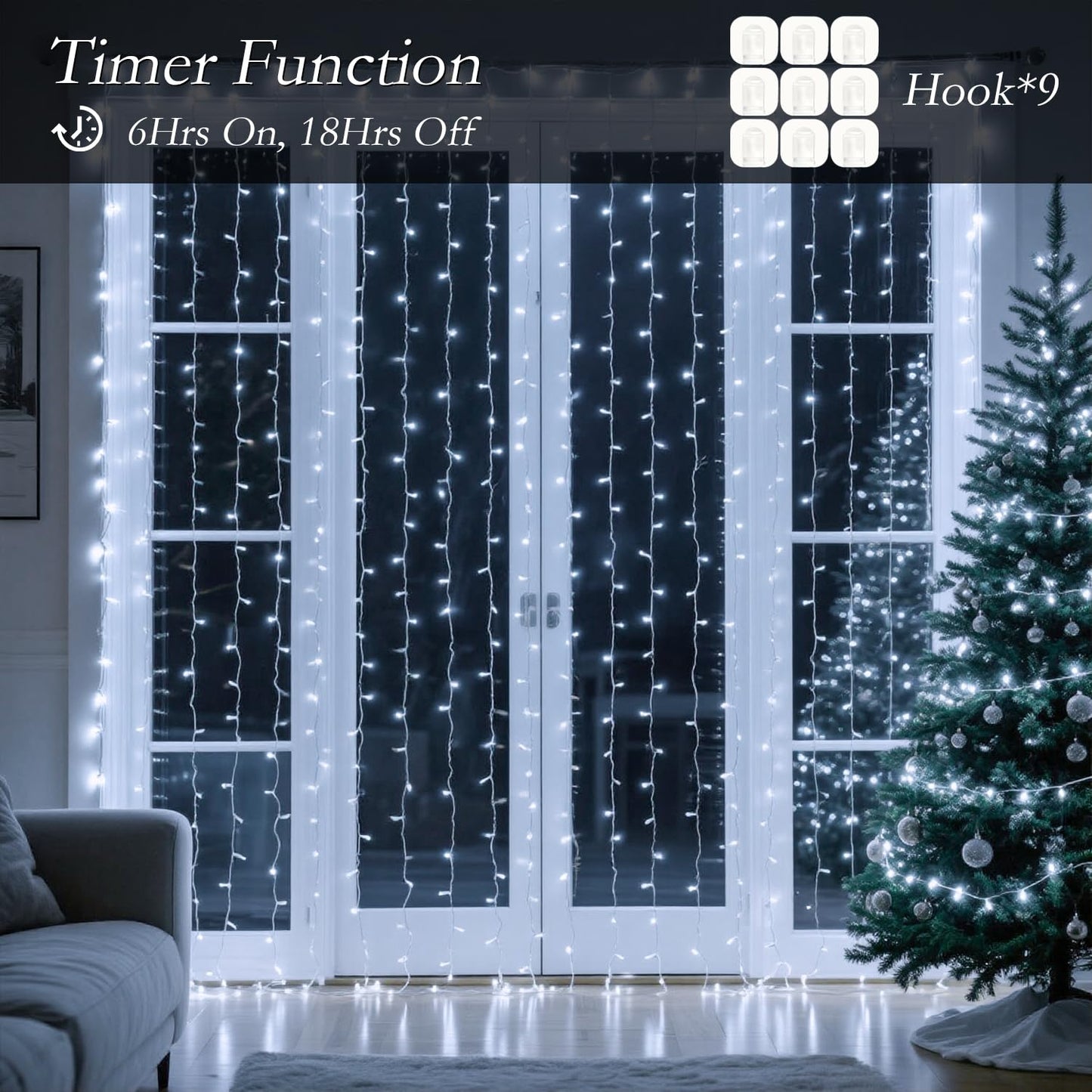 Soagrc 300 LED Cool White Curtain String Lights 9.8x9.8FT Plug in Fairy Lights with 9 Hooks Dimmable Timer & 8 Modes IP44 Waterproof Bedroom Office Wall Wedding Backdrop Christmas Indoor Outdoor Decor