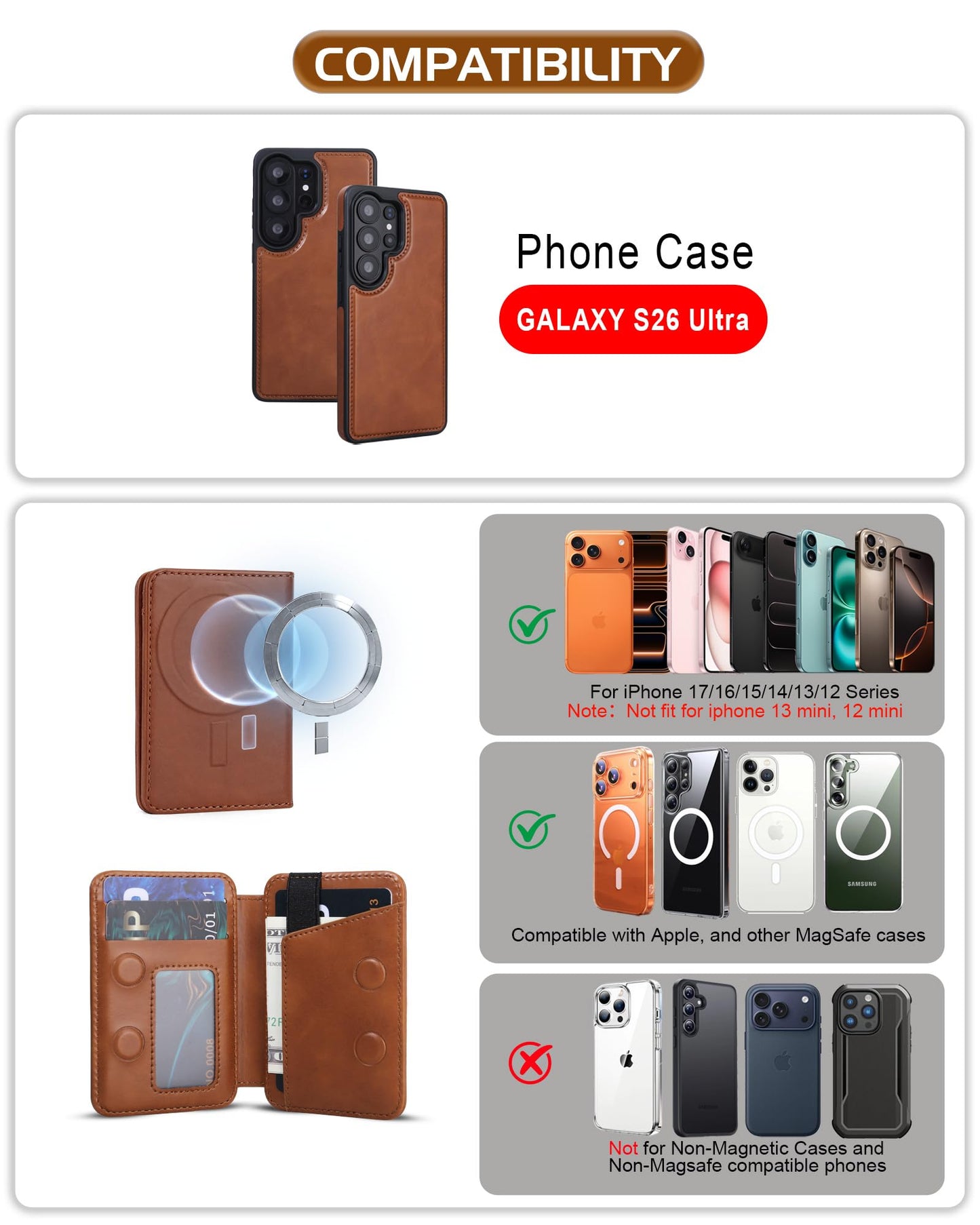 ASAPDOS Magnetic Detachable Wallet Case for Samsung Galaxy S26 Ultra with Kickstand,2-in-1 MagSafe Compatible RFID Blocking Card Holder,Slim PU Leather Cover Brown