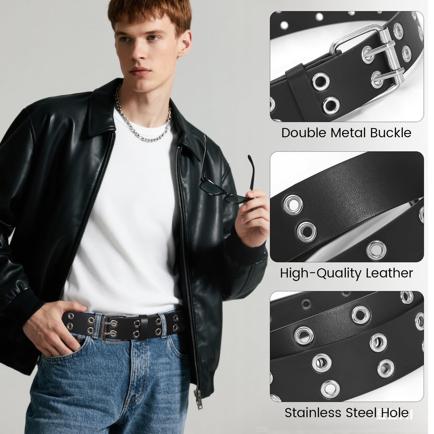 SNCEAW 3 Pcs Studded Belt Y2K Metal Goth Punk Rock Rivet Belt with Bright Pyramid Studded for Women Men (Silver+Black+Double Holes, Fit Pant 27-32 inch)