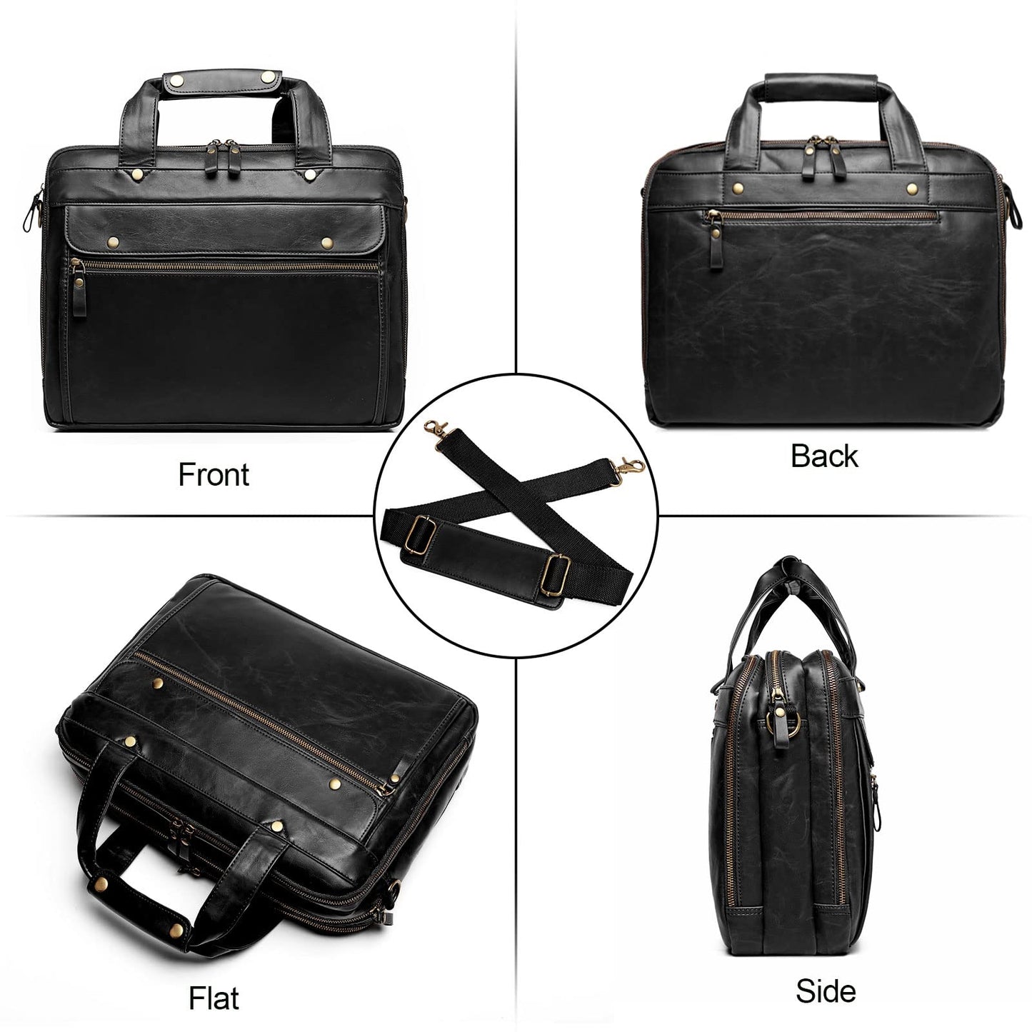Bosidu Leather Briefcases for Men 15.6 Inch Laptop Messenger Bag with Triple Compartments Water-Resistant Computer Shoulder Bag for Business, Travel, Work, Office, Black